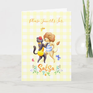 Cute Forest Lejon Dancing Salsa Gult Gingham Inbjudan