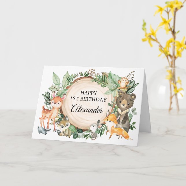 Cute Forest Woodland Animals Grattis på födelsedag Kort (Gul blomma)