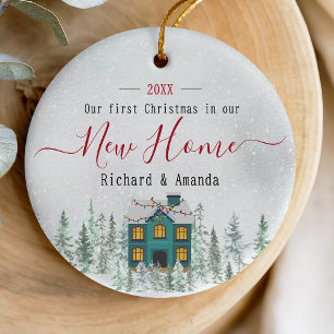 Cute, första julen, nytt, blått hus julgransprydnad keramik