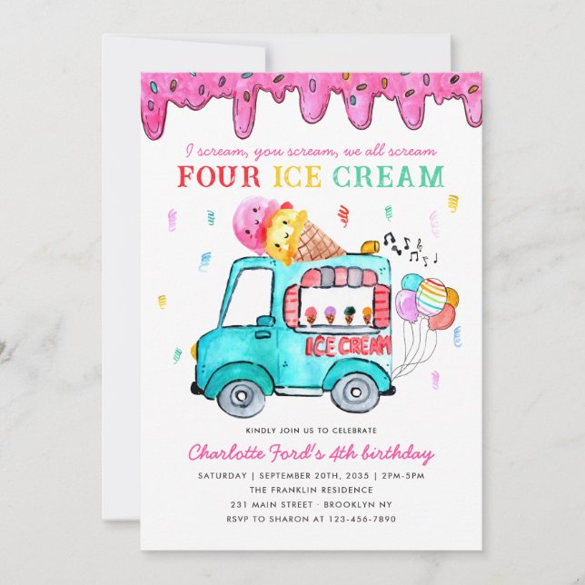 Cute Four Ice Cream Lastbil 4:e sommaren Barns föd Inbjudningar (Framsida)