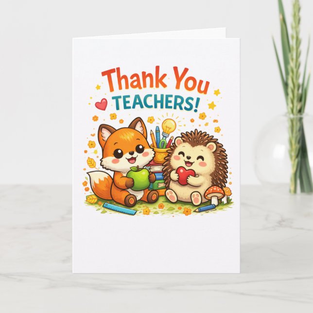 Cute fox and hedgehog teacher appreciation design kort (Framsida)