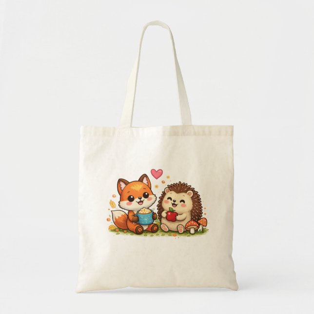 Cute Fox and Hedgehog Tote Bag – Adorable Woodland Tygkasse (Framsidan)