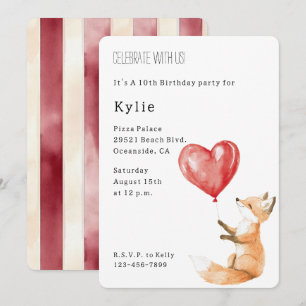 Cute Fox Animal Heart Balloon Birthday Inbjudningar