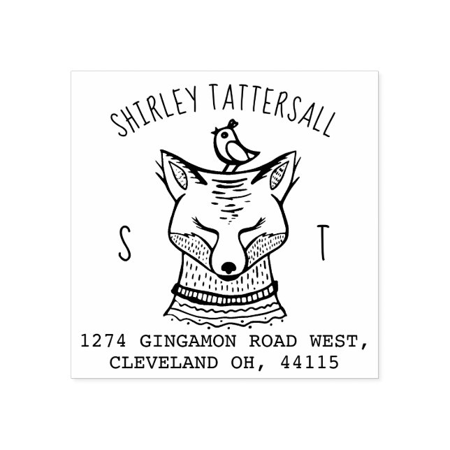 Cute Fox Animal Monogram & Namn Returadress Stämpel (Tryck)