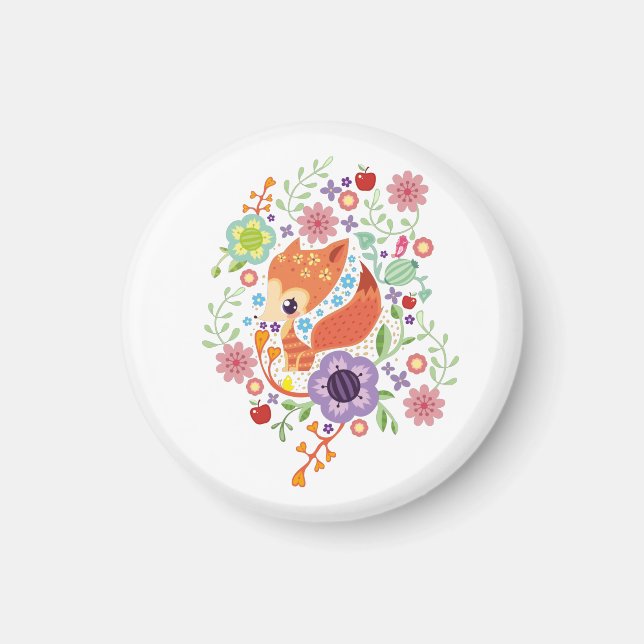 Cute Fox Baby Art Animal med Blommigt Magnet (Framsidan)