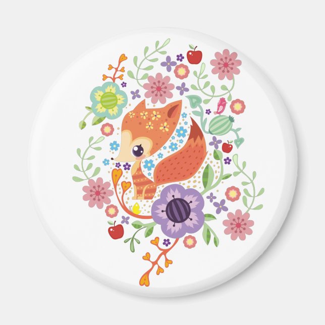 Cute Fox Baby Art Animal med Blommigt Magnet (Framsidan)