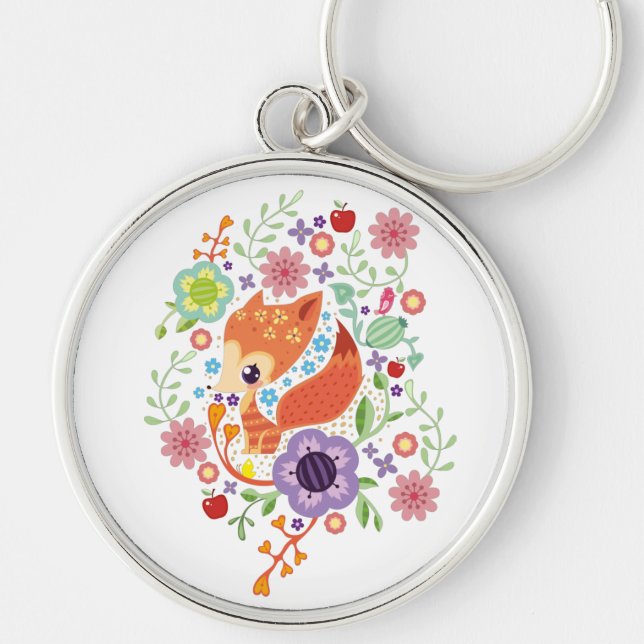 Cute Fox Baby Art Animal med Blommigt Rund Silverfärgad Nyckelring (Framsidan)