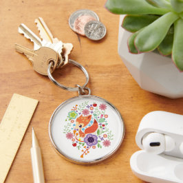 Cute Fox Baby Art Animal med Blommigt Rund Silverfärgad Nyckelring