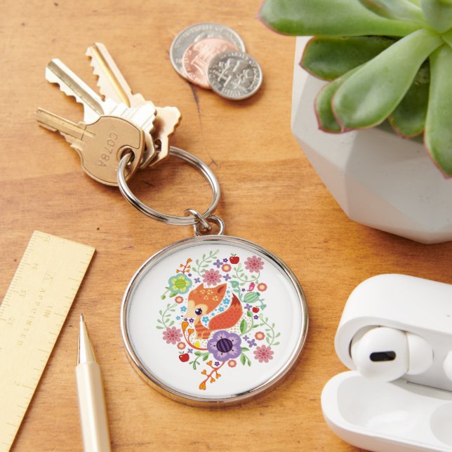 Cute Fox Baby Art Animal med Blommigt Rund Silverfärgad Nyckelring (Skrivbord)