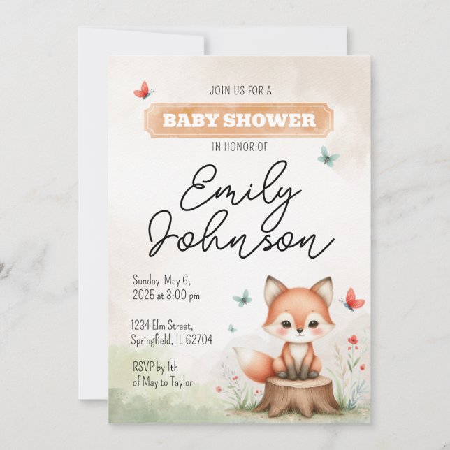 Cute fox baby shower invitation  inbjudningar (Framsida)