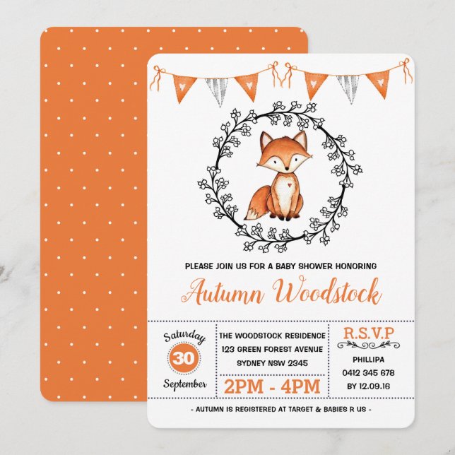 Cute Fox Baby Shower/Modern Woodland Forest Inbjudningar (Fram/baksida)