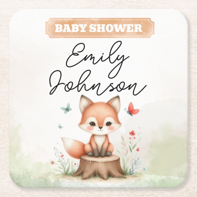 Cute fox baby shower  underlägg papper kvadrat (Framsidan)