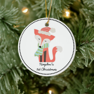 Cute Fox Baby under jul Winter Woodland Rustic Julgransprydnad Keramik