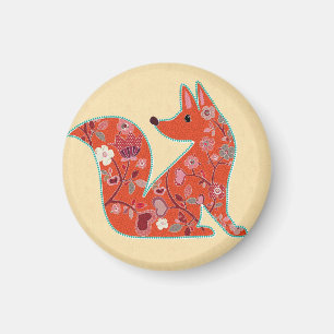 Cute Fox Blommönster Folk Art Magnet