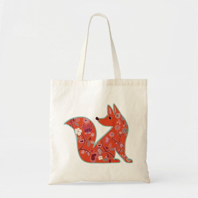 Cute Fox Blommönster Folk Art Tygkasse (Framsidan)