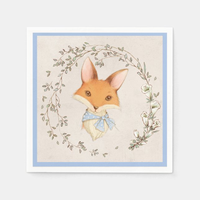Cute Fox Blue Blommigt Boy Pappersservett (Framsidan)
