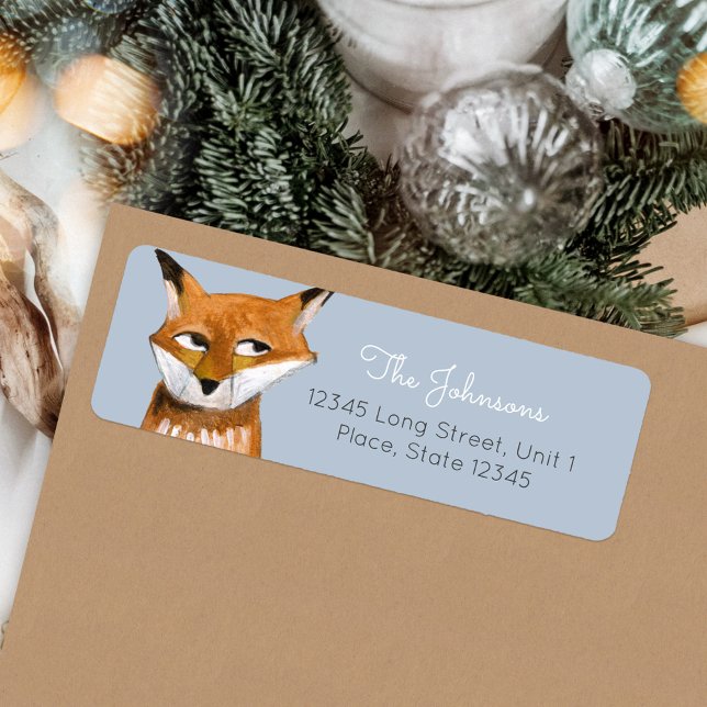 Cute Fox blue Helgdag jul Returadress Etikett (Christmas Holiday Woodland Animal Fox address label)