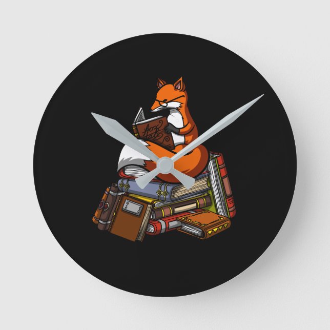 Cute Fox Bok Reading Animal Rund Klocka (Framsida)