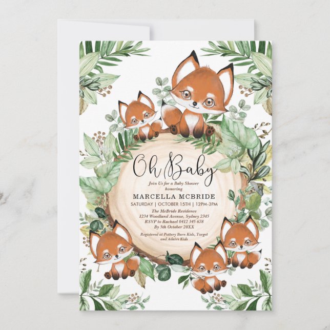 Cute Fox Botanical Grey Neutralt Baby Shower Inbjudningar (Framsida)