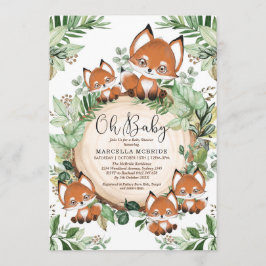 Cute Fox Botanical Grey Neutralt Baby Shower Inbjudningar