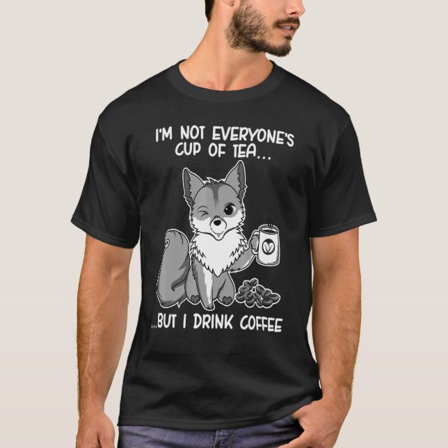 Cute Fox Drinking Coffee Fox Animal Hårig 2 T Shirt (Framsida)