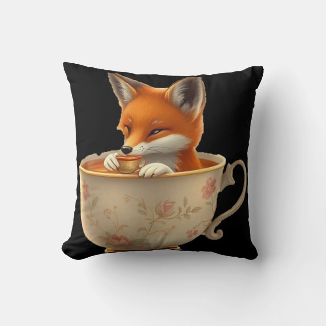 Cute fox drinking tea kudde (Framsida)