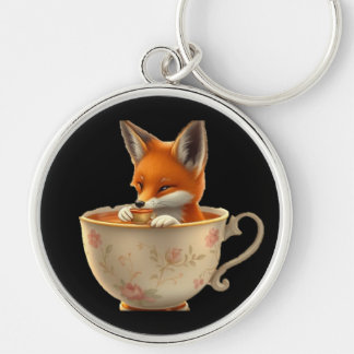 Cute Fox Drinking Tea on Groomsmen Gift Rund Silverfärgad Nyckelring