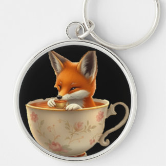 Cute Fox Drinking Tea on Keychain Rund Silverfärgad Nyckelring