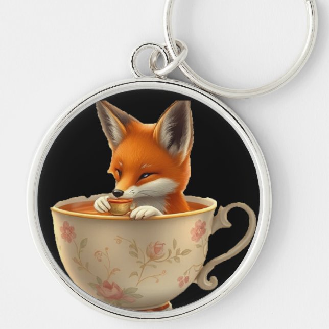 Cute Fox Drinking Tea on Keychain Rund Silverfärgad Nyckelring (Framsidan)
