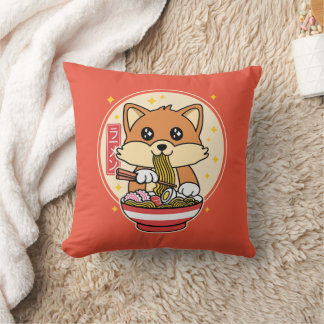 Cute Fox Eating Ramen Kawaii Japansk livsmedelsgåv Kudde