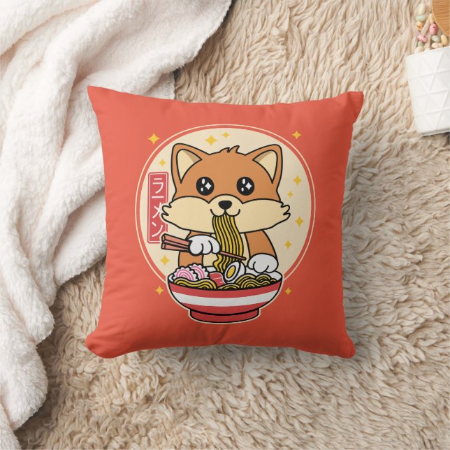 Cute Fox Eating Ramen Kawaii Japansk livsmedelsgåv Kudde (Filt)