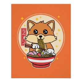 Cute Fox Eating Ramen Kawaii Japansk livsmedelsgåv Perfect Poster