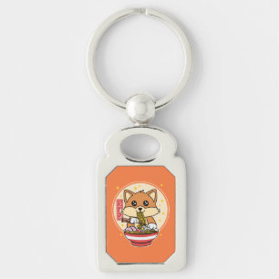 Cute Fox Eating Ramen Kawaii Japansk livsmedelsgåv Rektangulärt Silverfärgad Nyckelring