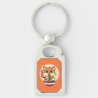 Cute Fox Eating Ramen Kawaii Japansk livsmedelsgåv Rektangulärt Silverfärgad Nyckelring