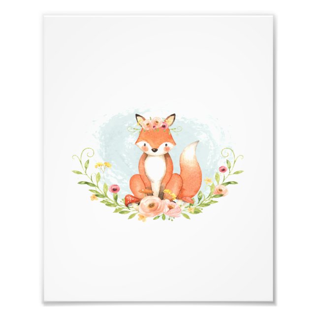 Cute Fox Flicka Nursery Woodland Greenery Decor Fototryck (Framsidan)