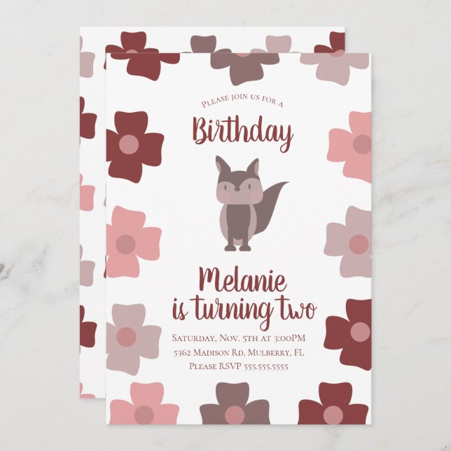 Cute Fox Flowers Födelsedagsfest inbjudan (Fram/baksida)
