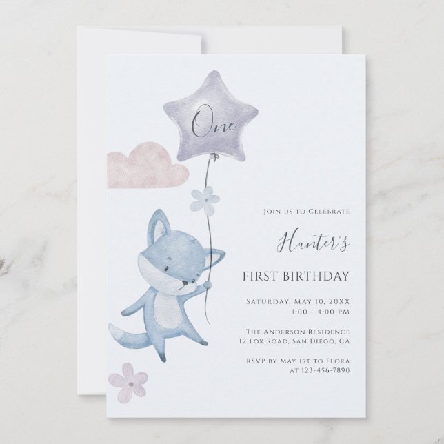 Cute Fox Flying Balloon Boy First Birthday Party Inbjudningar (Framsida)