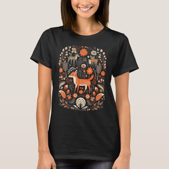 Cute Fox Forest Flowers Mönster för ett Fox fläkt T Shirt (Framsida)