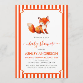 Cute Fox Girl Baby Shower Watercolor & Red Stripes Inbjudningar