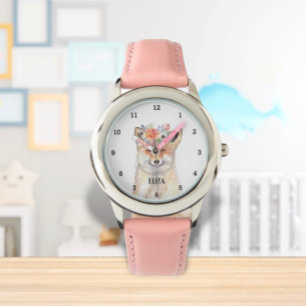 Cute Fox Girls Wildlife Animals Kids Watercolor Armbandsur