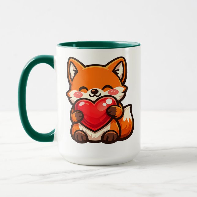 Cute Fox Heart Mug – Kawaii Fox with Red Heart  Mugg (Vänster)