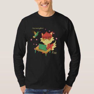 Cute Fox & Hummingbird Sakura Blommar Flower Studi T Shirt