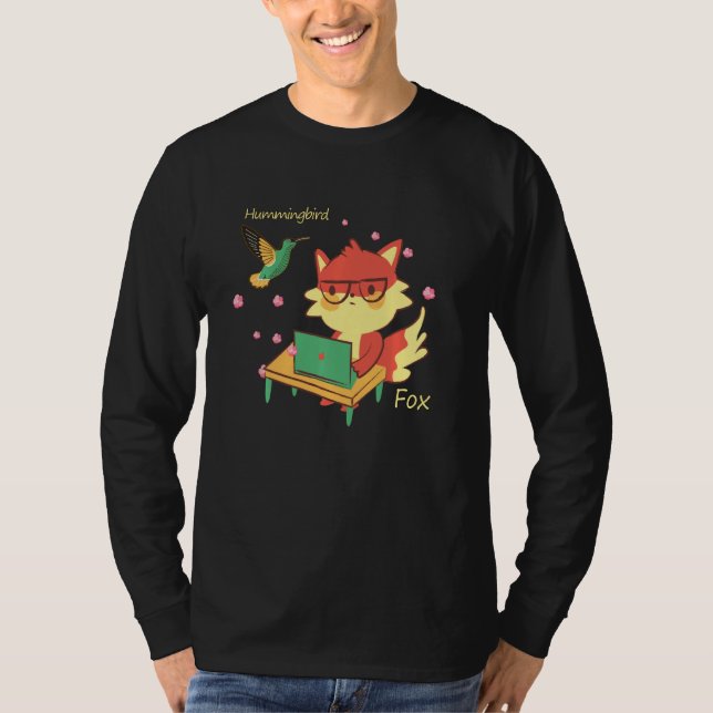 Cute Fox & Hummingbird Sakura Blommar Flower Studi T Shirt (Framsida)