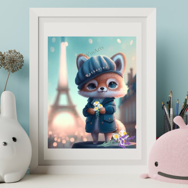 Cute Fox i Blue, Paris Eiffel Torn Personlig Poster (Skapare uppladdad)