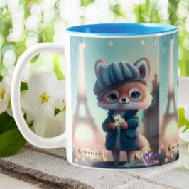 Cute Fox i Blue, Paris Eiffel Torn Personlig Två-Tonad Mugg