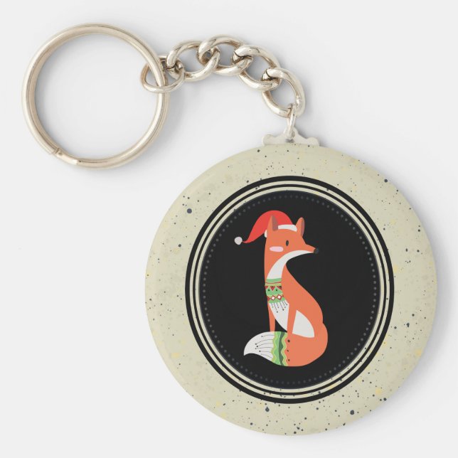 Cute Fox i julklapp inuti en svart cirkel Nyckelring (Framsidan)