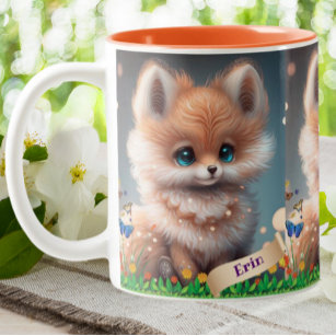 Cute Fox i Personligen Garden of Flowers Två-Tonad Mugg