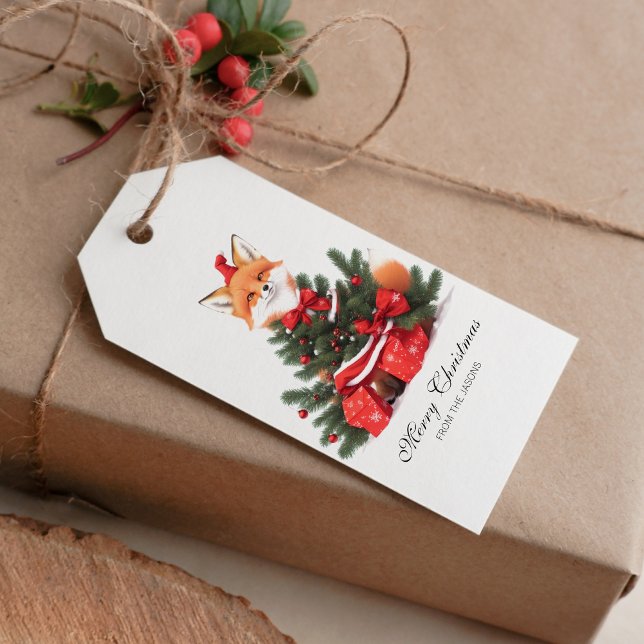 Cute Fox i Red Santa Hat-Personligen Presentetikett (Cute Fox in red Santa Hat Christmas Gift tag)