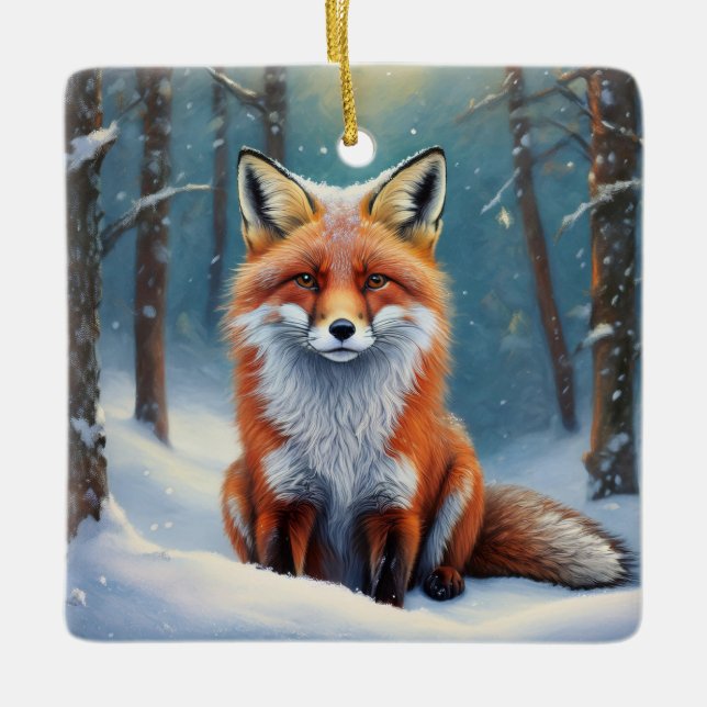 Cute Fox i Snö täckte skog Julgransprydnad Keramik (Framsida)