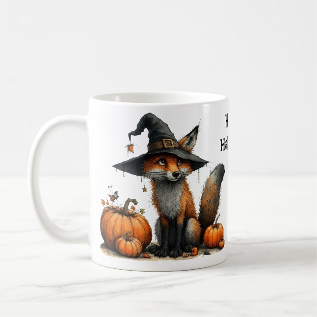Cute Fox i Witch Hat Happy halloween Kaffemugg (Vänster)
